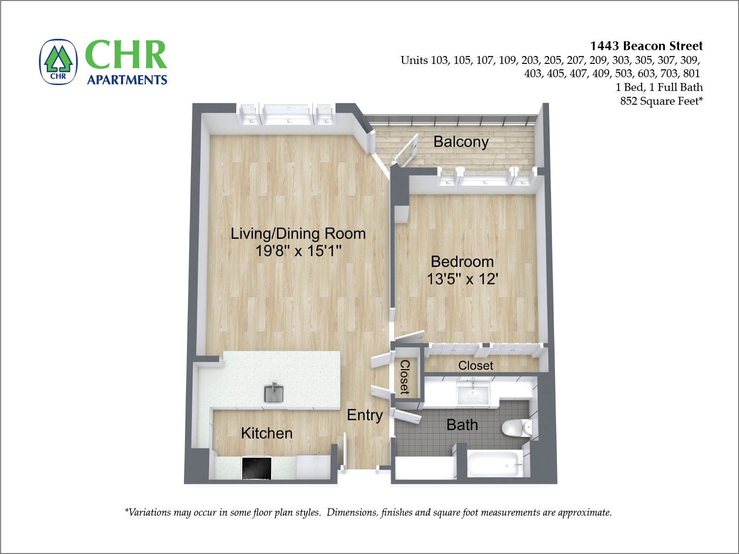 Floor plan for 1 bed, 1 bath, 852 sqft